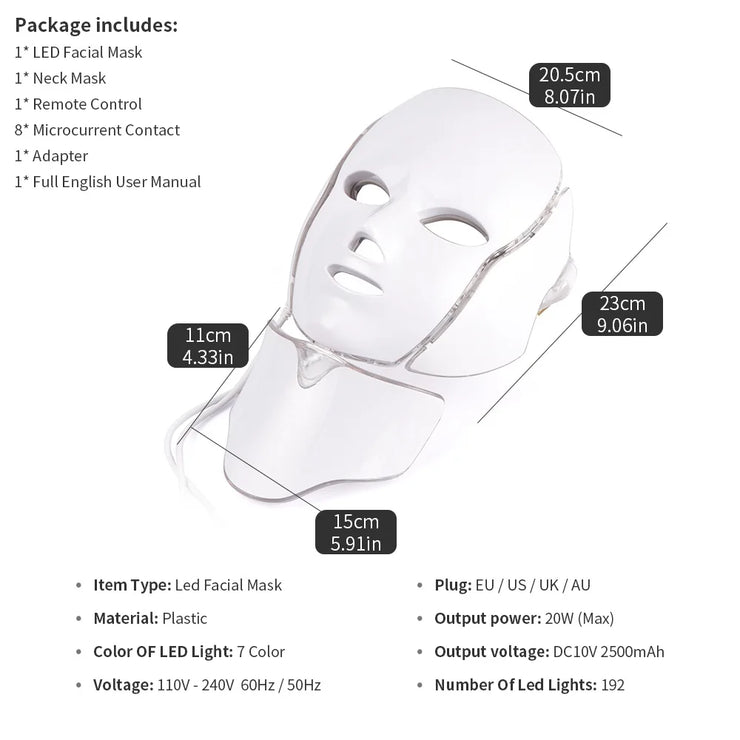 Masque facial à LED 7 couleurs avec lumière LED pour le cou, masque photonique, rajeunissement de la peau, appareil de beauté anti-acné, lifting du visage, masseur ferme