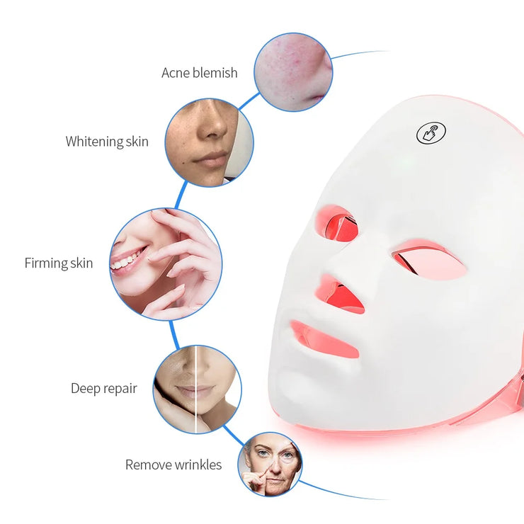 Masque facial LED rechargeable 7 couleurs Masque de beauté photonique LED Rajeunissement de la peau Lifting du visage à domicile Masque de beauté blanchissant pour soins de la peau