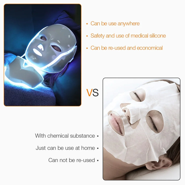 Máscara facial LED de 7 colores con luz LED para el cuello, máscara de fotones, dispositivo de belleza antiacné para rejuvenecimiento de la piel, masajeador reafirmante para el estiramiento facial