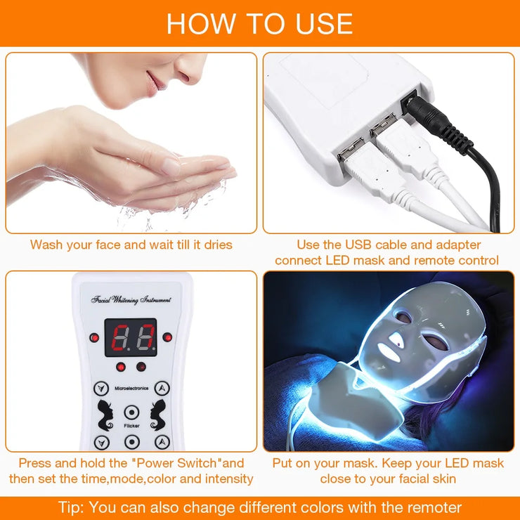 7 Colors LED Facial Mask with Neck LED Light Photon Mask Skin Rejuvenation Anti Acne Beauty Device Face Lifting Firm Massager